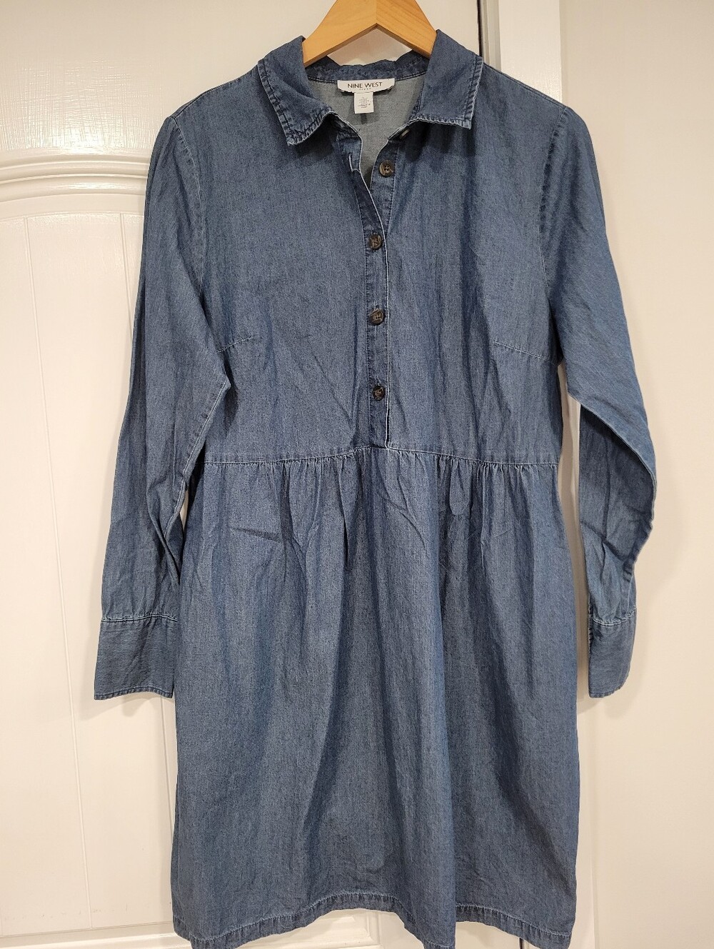 Nine West Lrg Chambray Long Sleeve Shirt Dress Pockets 100% Cotton Rodeo Western